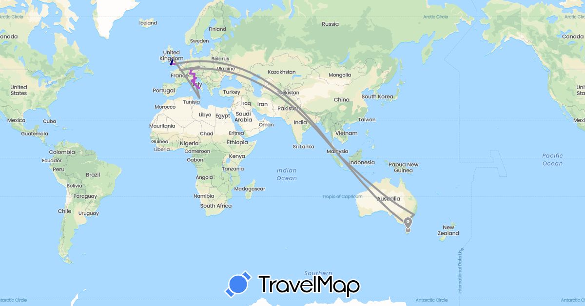 TravelMap itinerary: driving, plane, train in Austria, Australia, Switzerland, Czech Republic, Germany, France, United Kingdom, Italy, Malta, Singapore (Asia, Europe, Oceania)